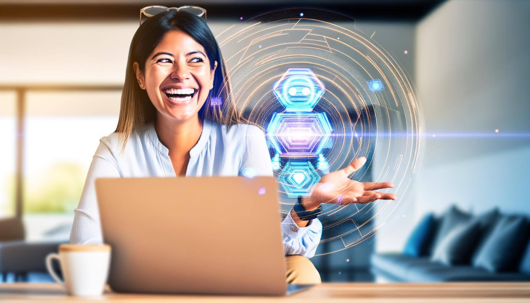 happy woman using ai on a laptop