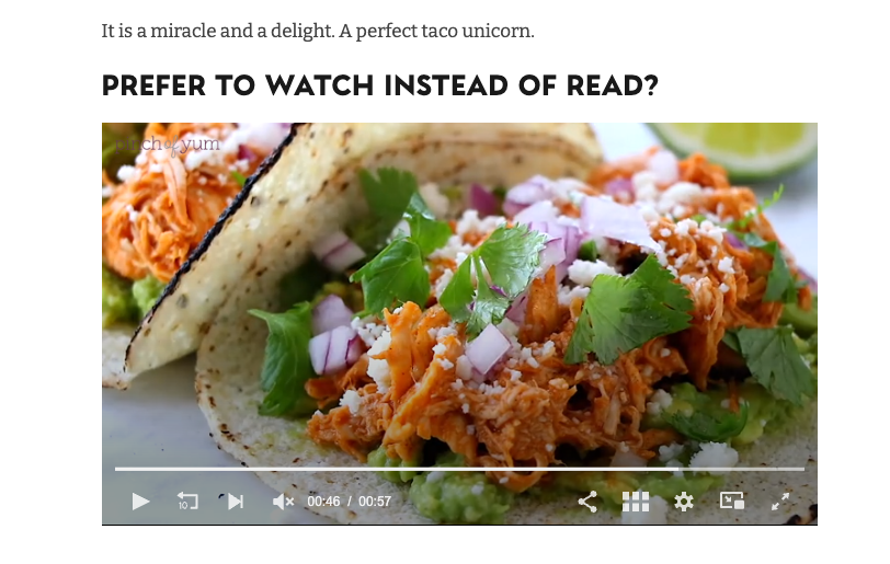 Screenshot of a video recipe for tacos from Pinch of Yum