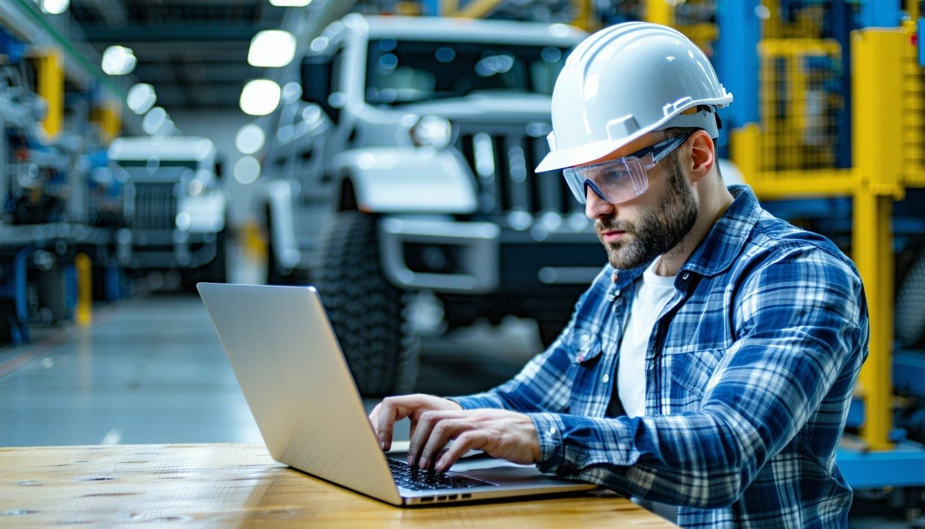 man in hardhat working on his laptop at manufacturing plant